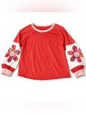 Long Sleeve Red Top with Floral Sleeve Appliques.  Boho Artsy Twee